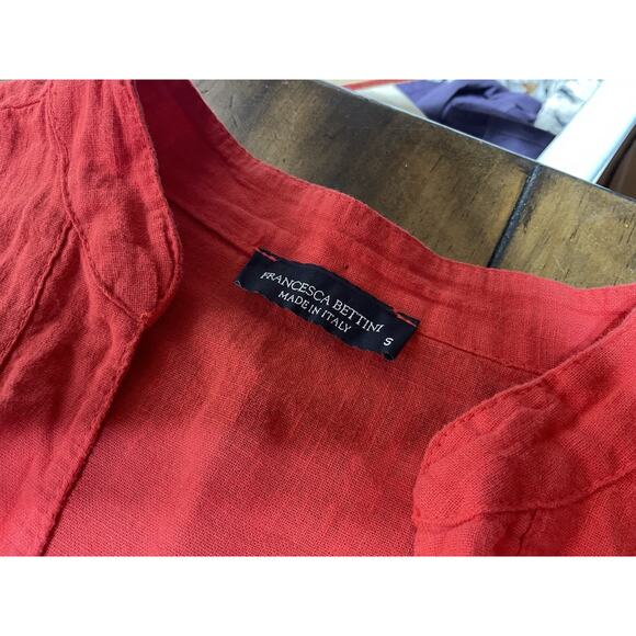 Francesca Bettini Dress Small Red Linen Blend Italy 3/4 Roll Tab Sleeve Boho - Picture 4 of 14